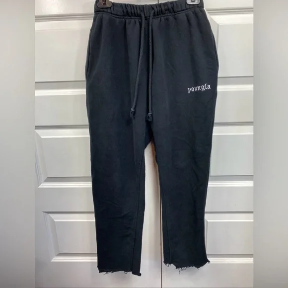 YoungLA Sweatpants Fleece Drawstring Pockets Small Black Bottoms Have Been Cut - Picture 1 of 6